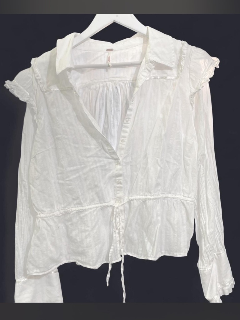 Free People White Ruffle-Trim Button Front Blouse